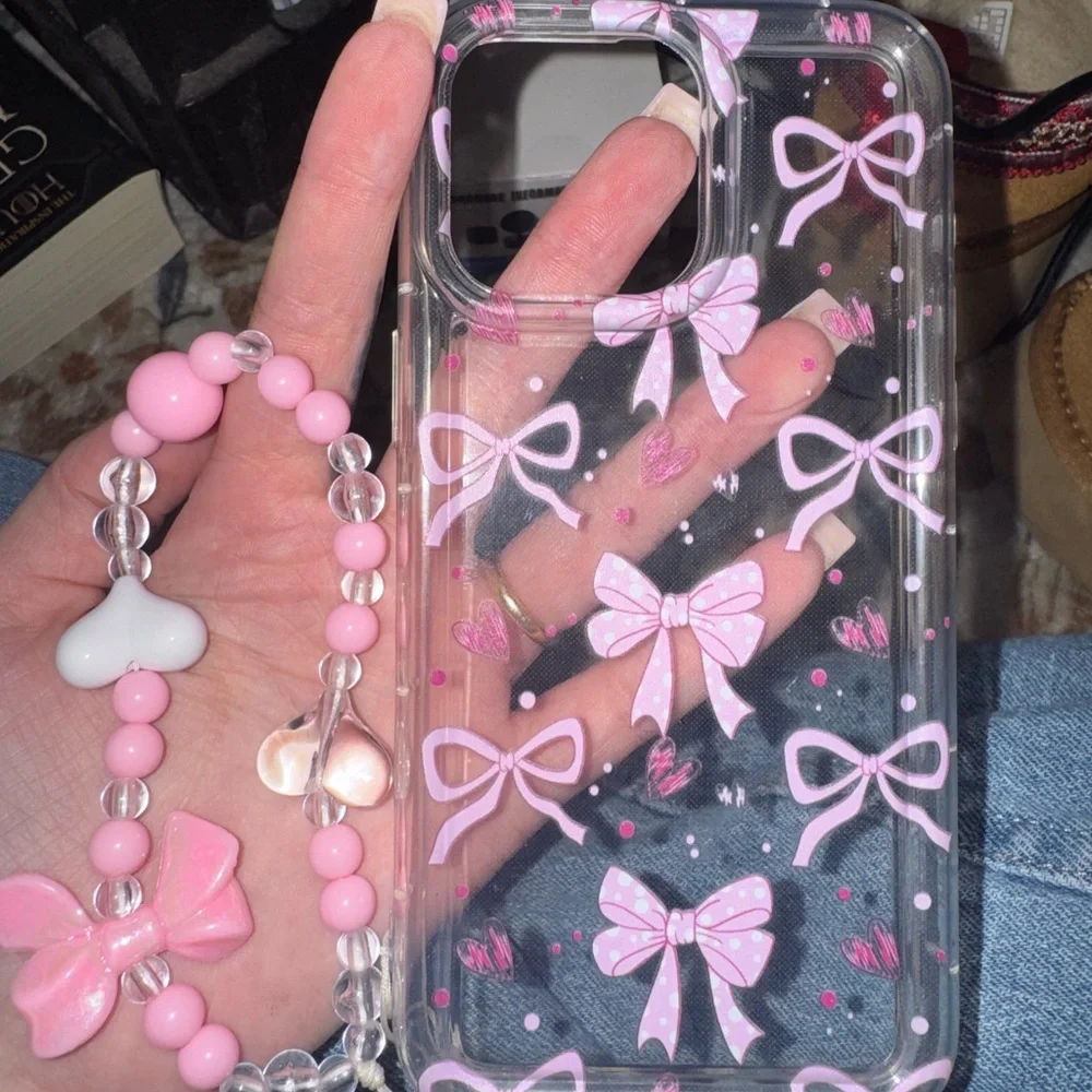 Pink Bow Phone Case with Beaded Strap